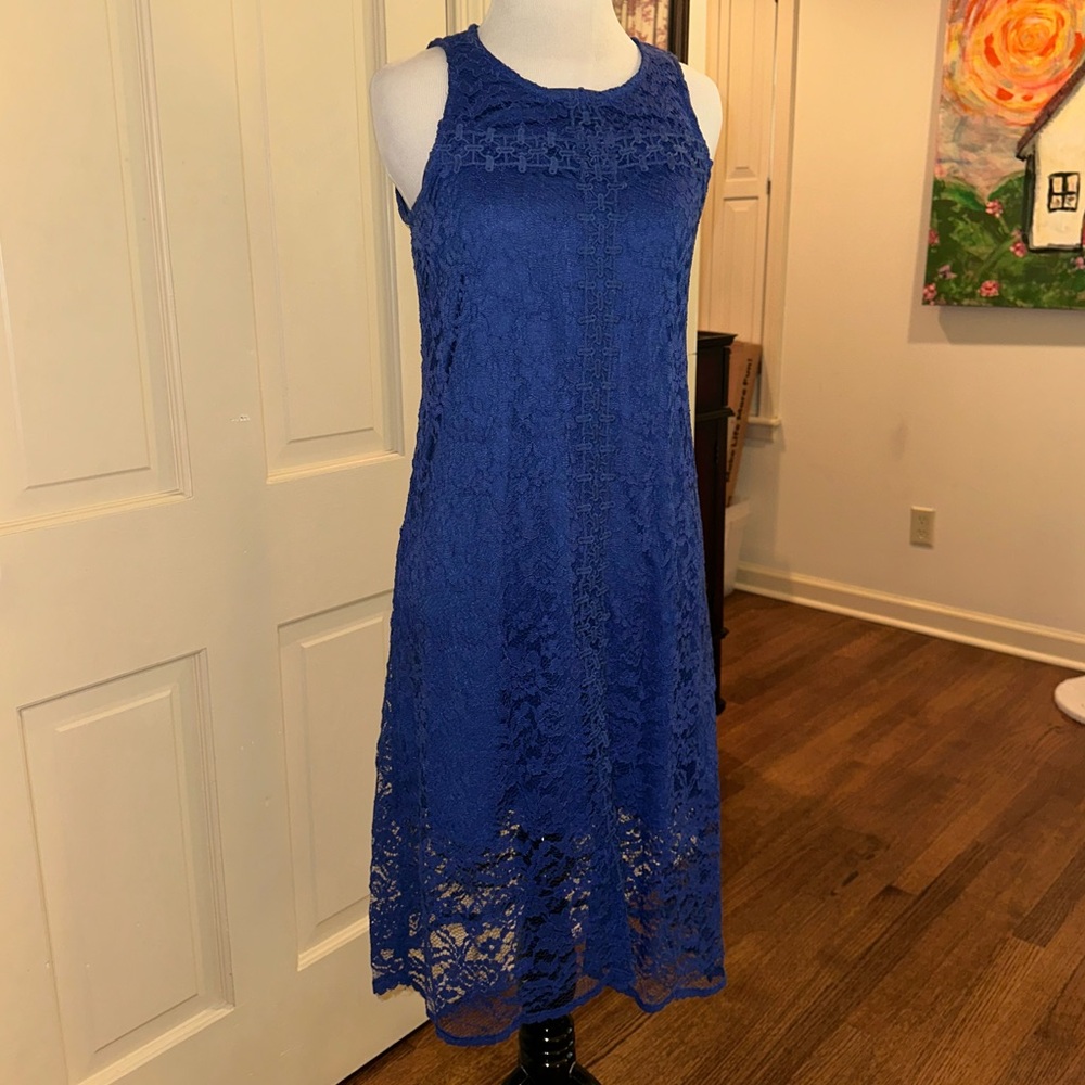 Donna Rico New York Blue Lace Dress Comfy Stretch Size 6 EUC